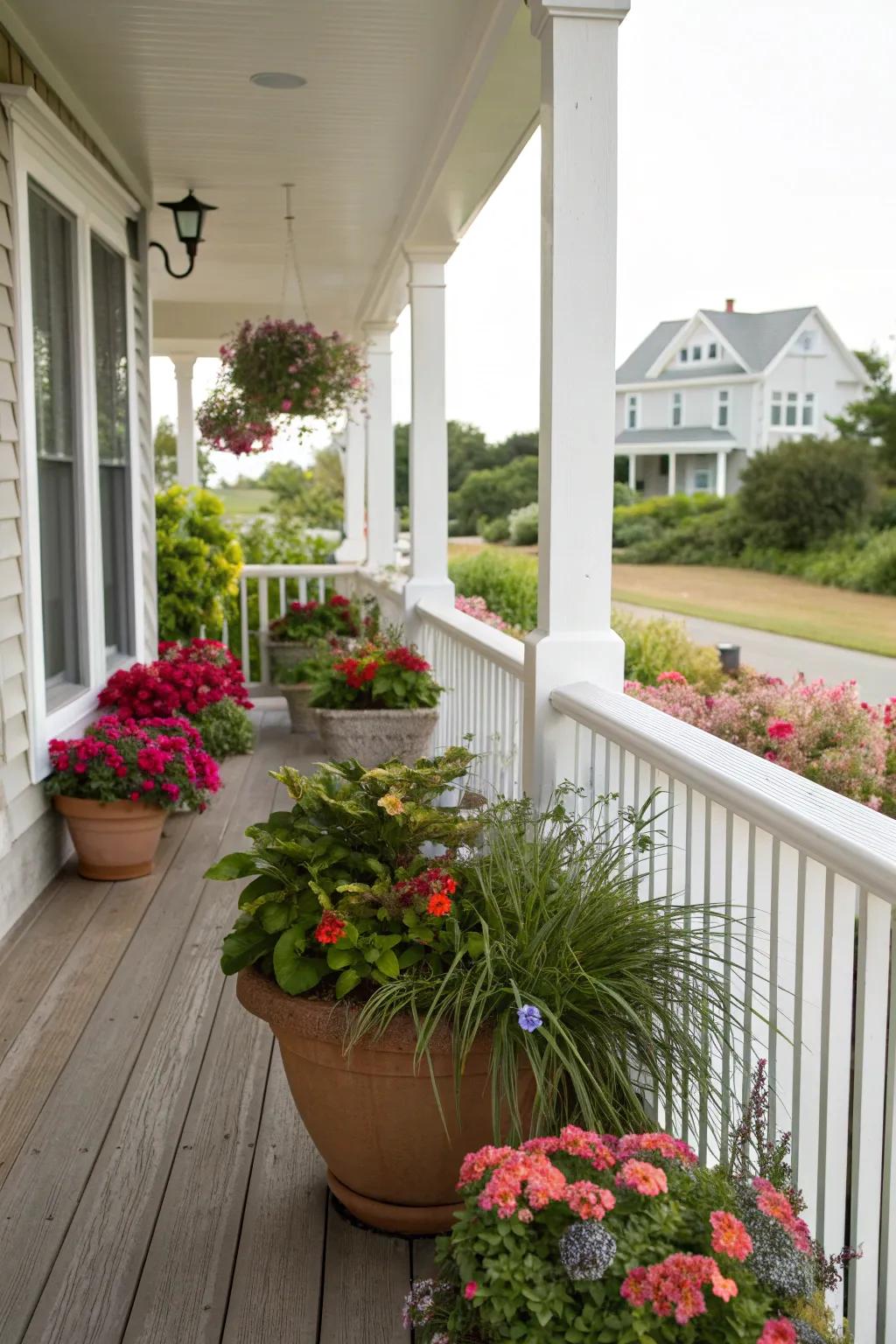 A variety of potted plants enhancing a Cape Cod porch.