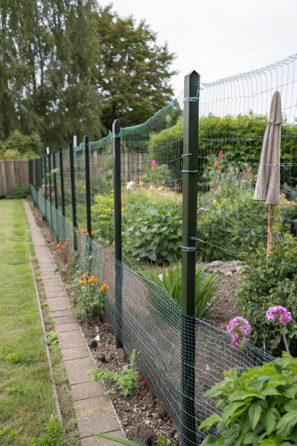 Garden poles and netting provide a subtle yet effective cat barrier.