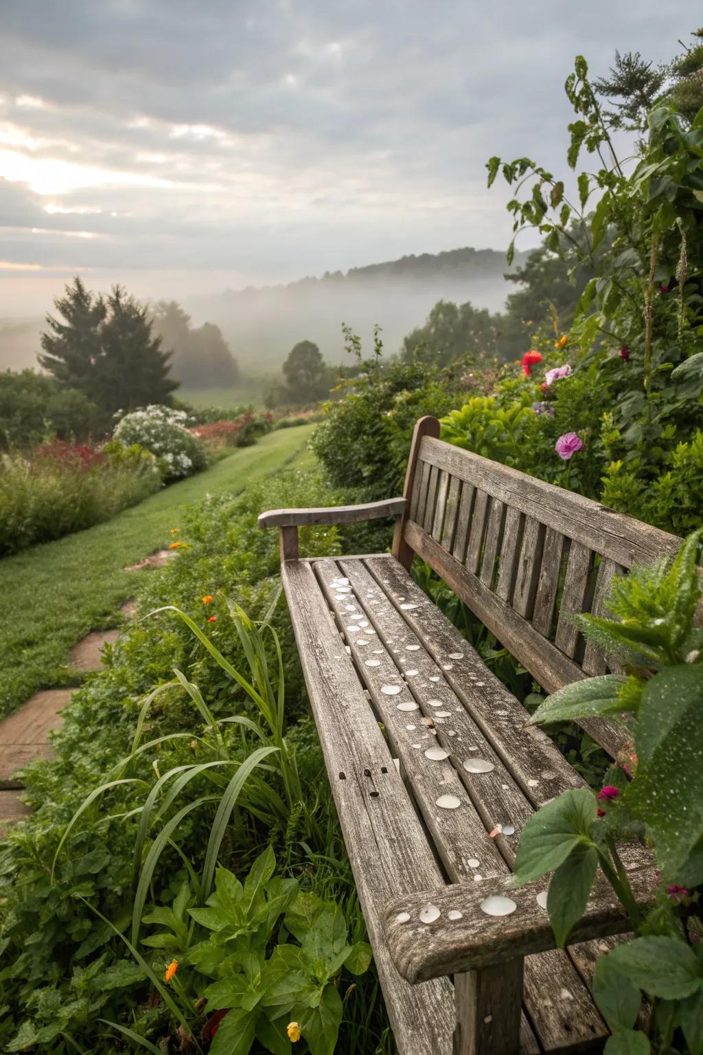 A cedar bench stands resilient and beautiful in any weather.