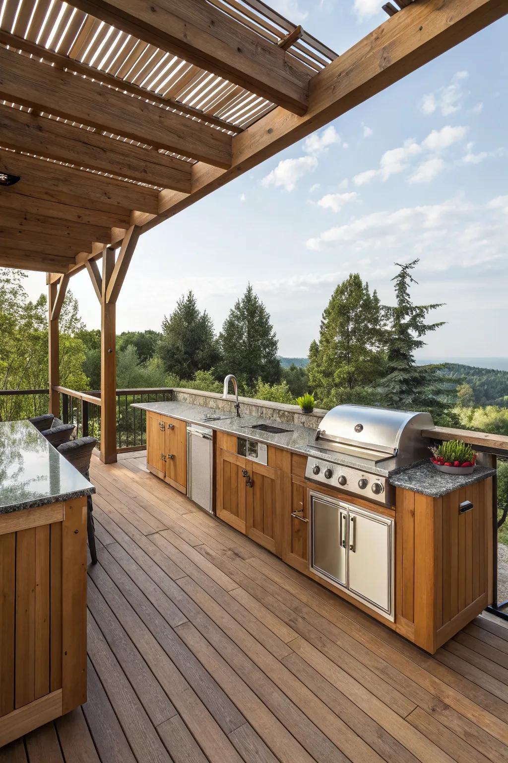 An outdoor kitchen turns this cedar deck into a culinary delight.