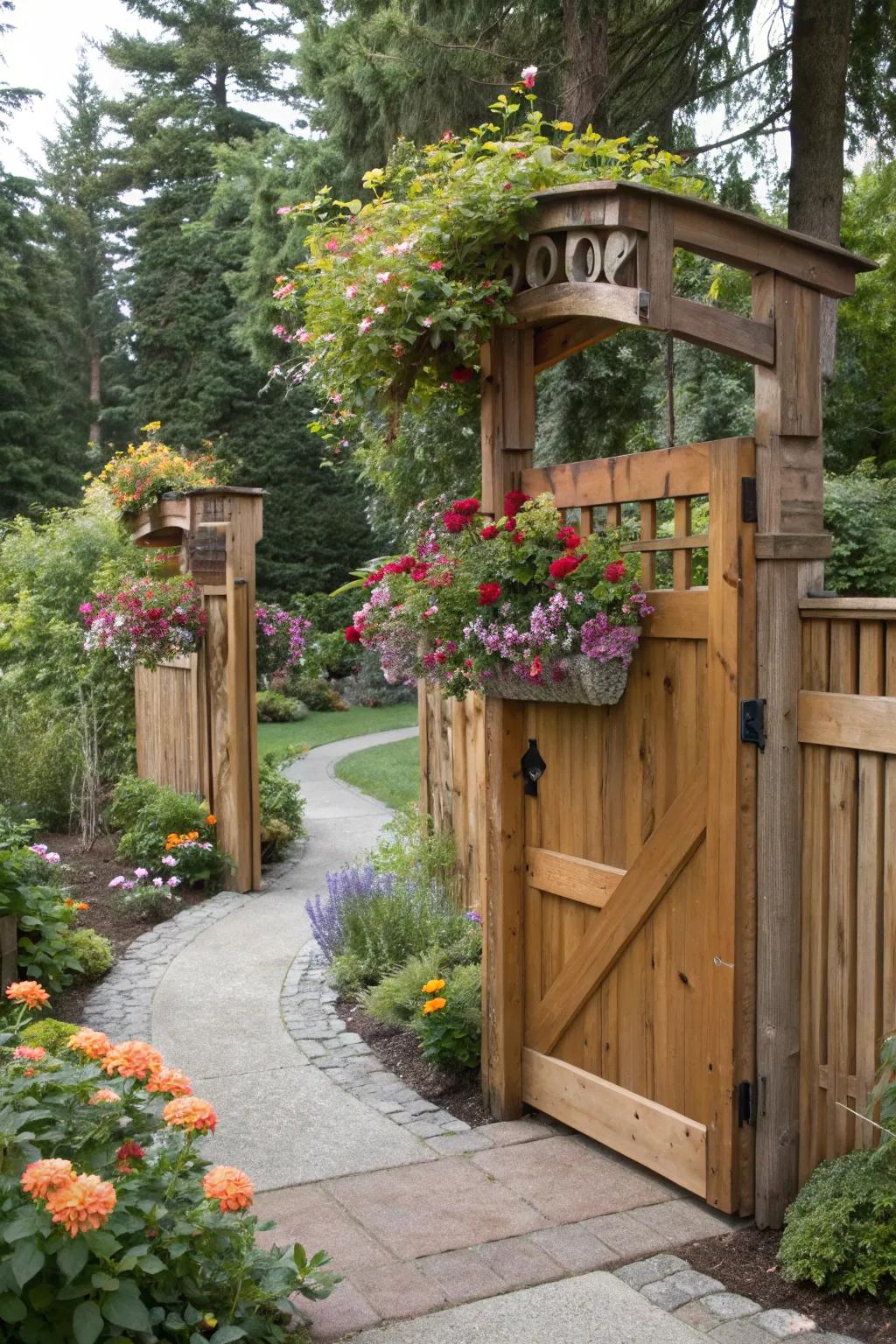 Cedar gate with integrated planters for a living, vibrant entrance.