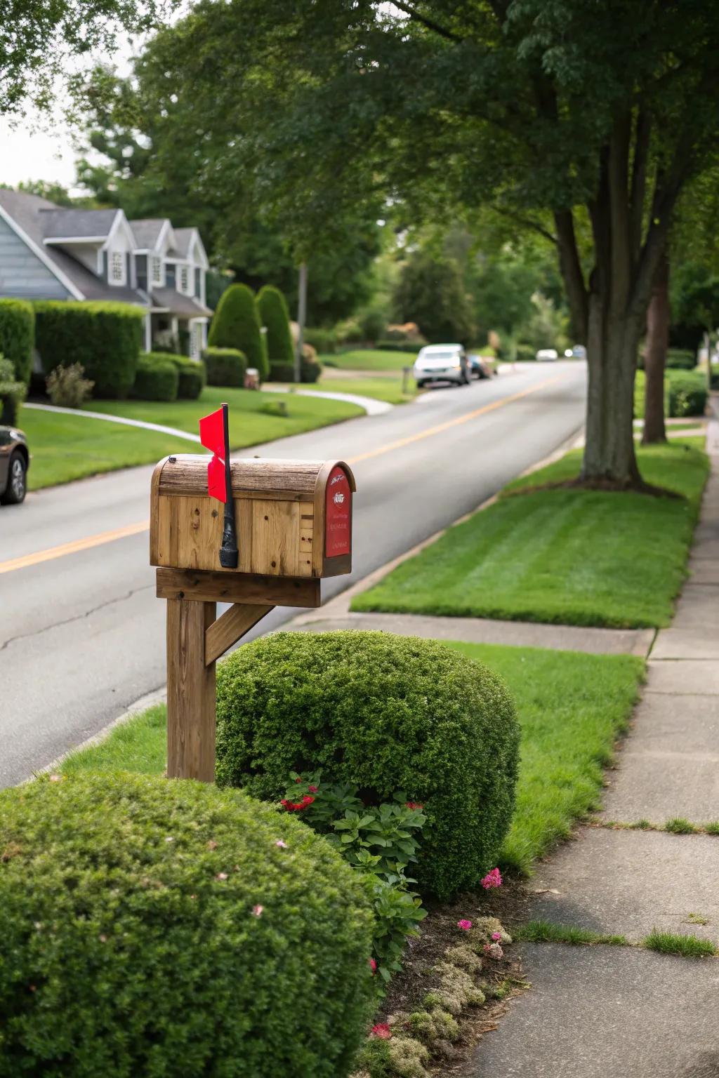 A classic red flag adds both function and charm to this cedar mailbox.