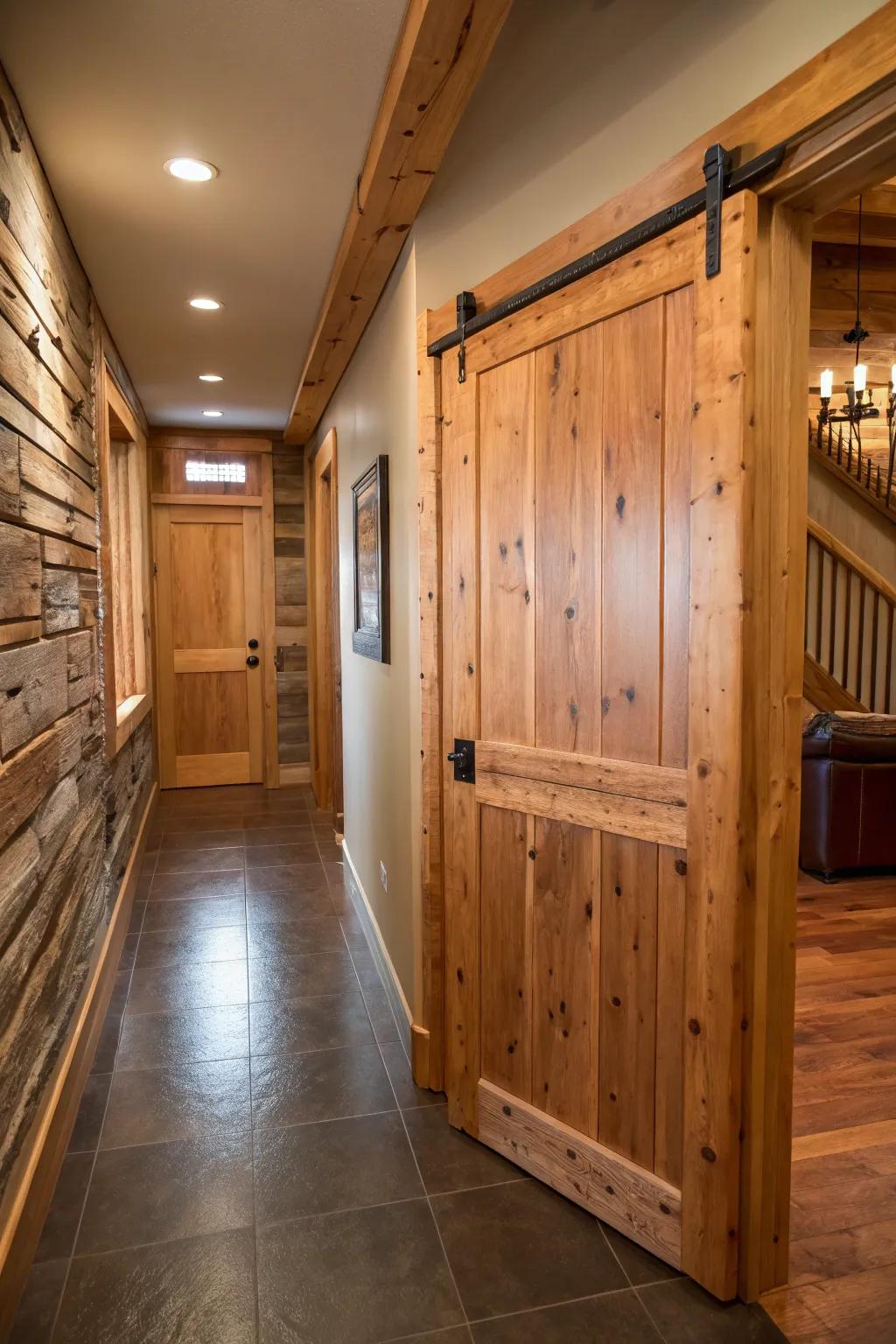 A rustic hallway with a cedar slab sliding door.