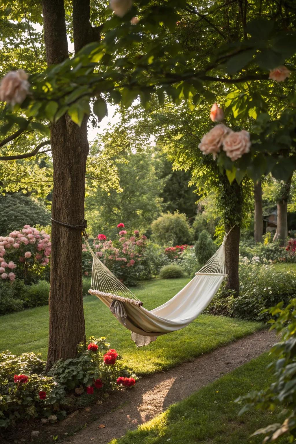 A hammock nook provides a perfect relaxation spot in your garden.