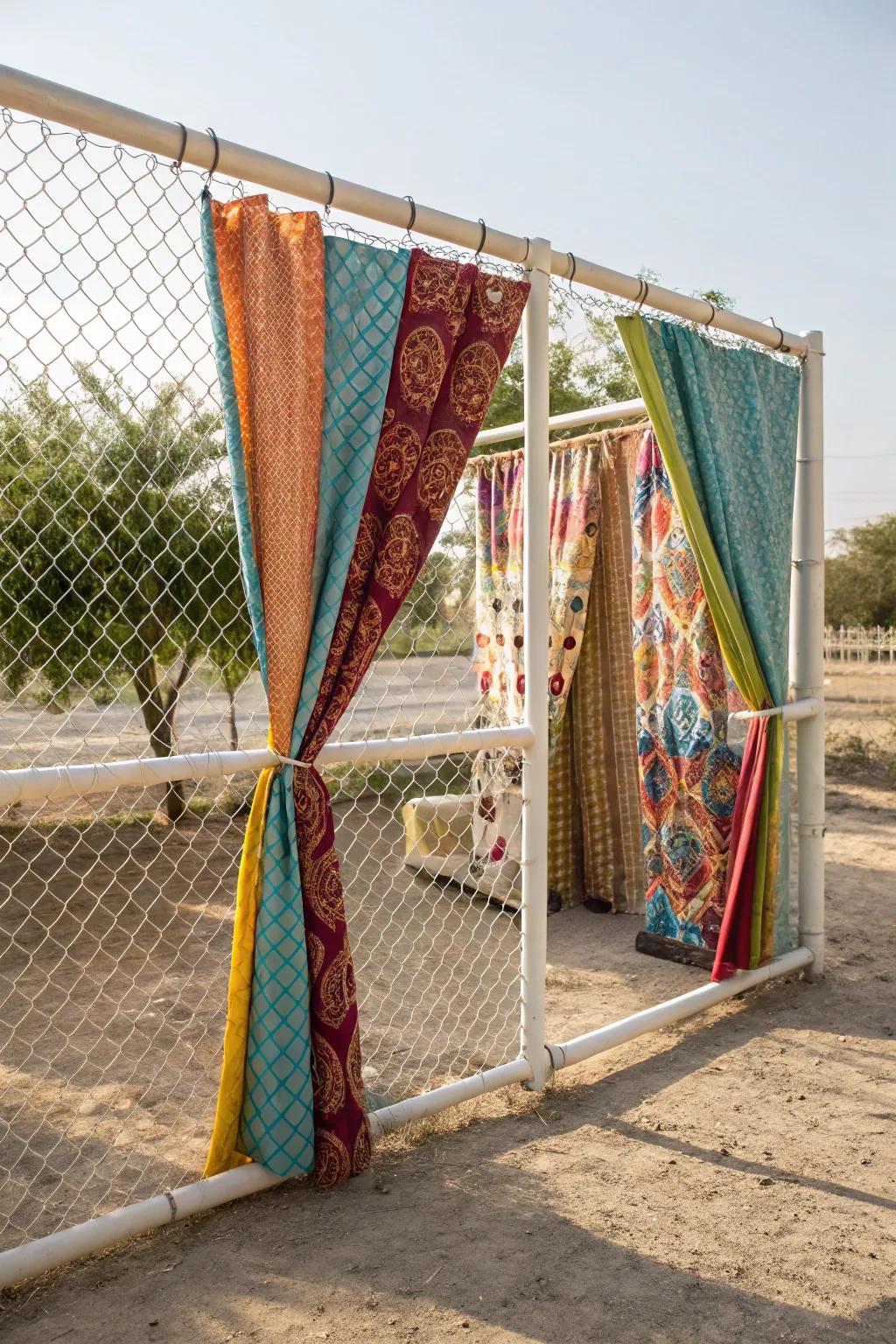 Create a flexible and colorful privacy screen with curtains.
