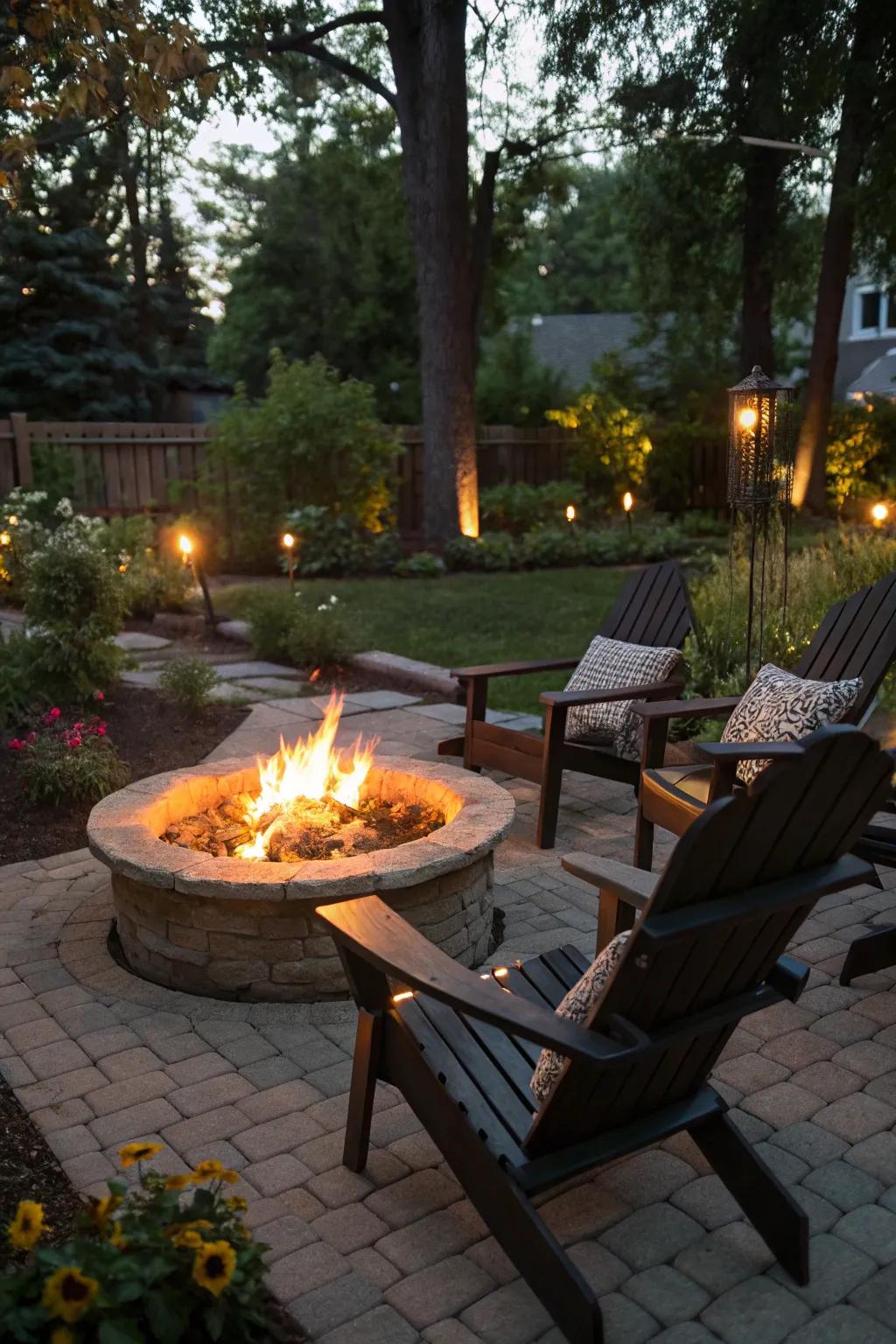A fire pit offers warmth and a gathering spot.