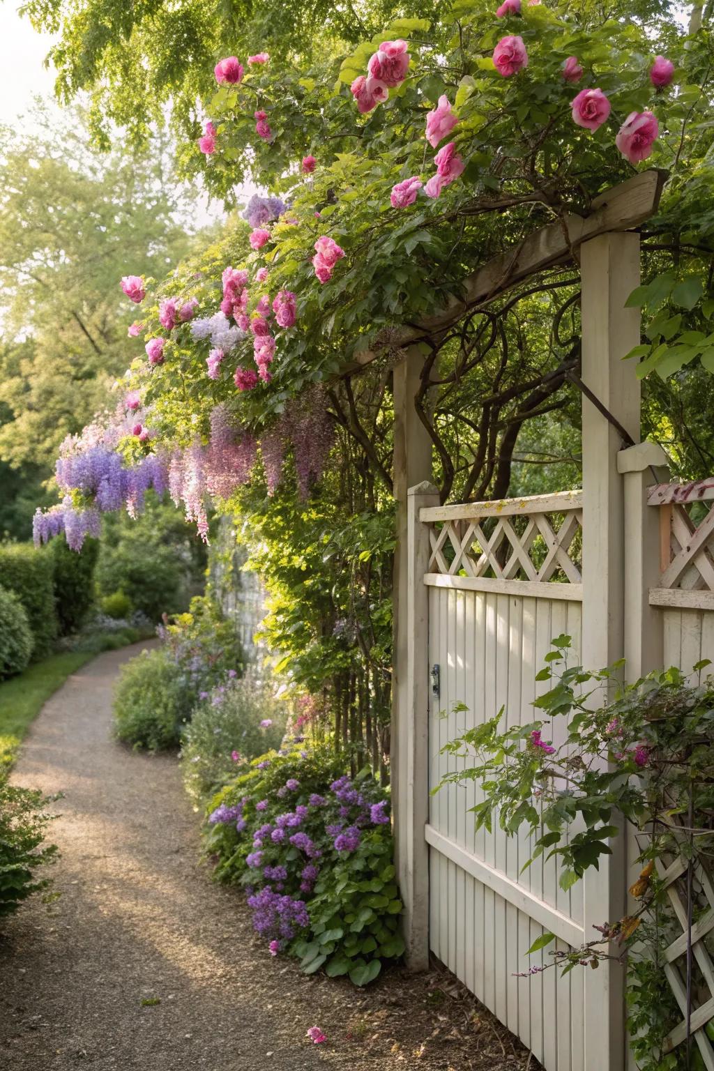 Trellis with climbing plants creates a blooming fence.