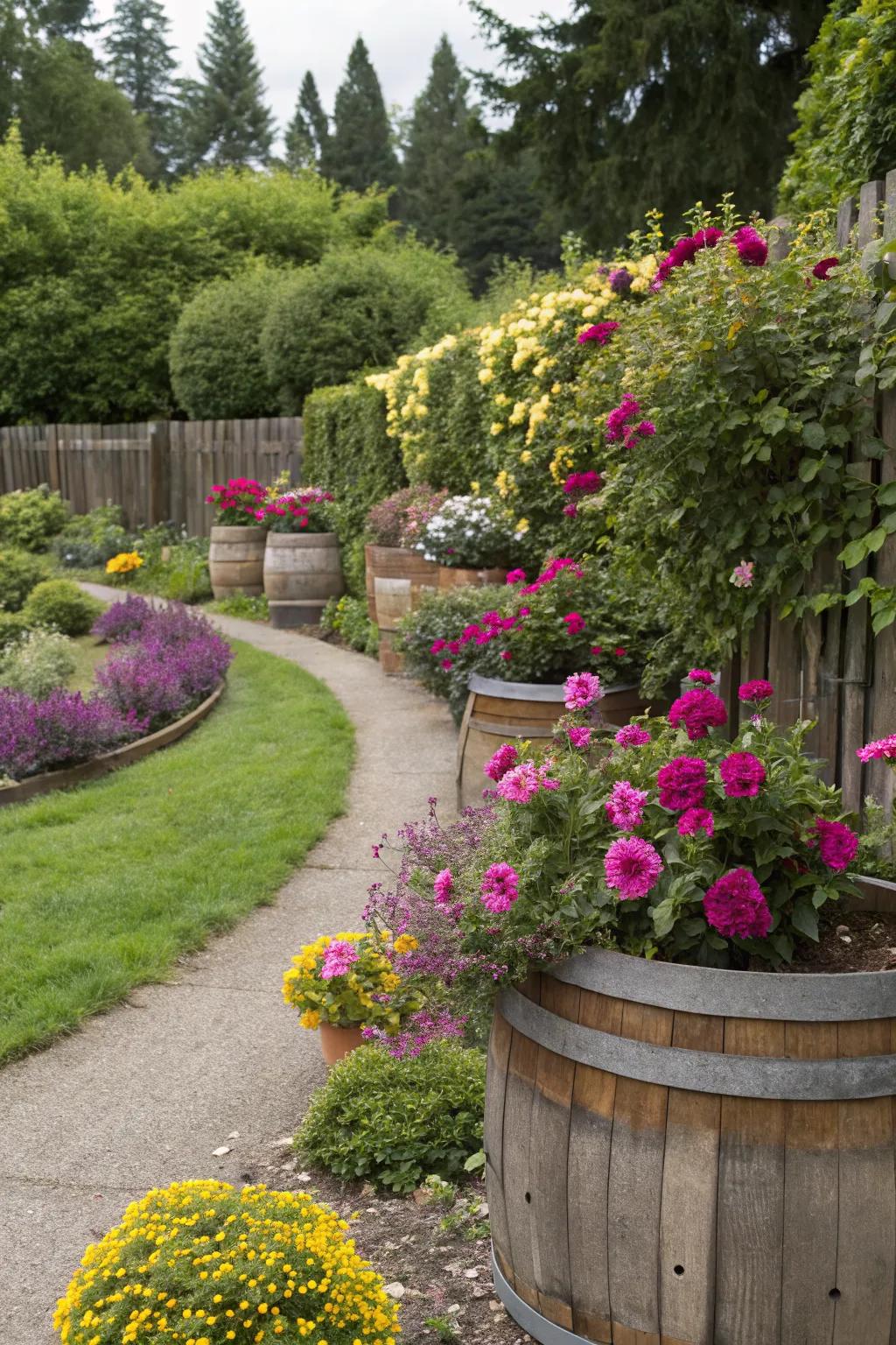Wine barrel planters bring an elegant touch to any garden setting.
