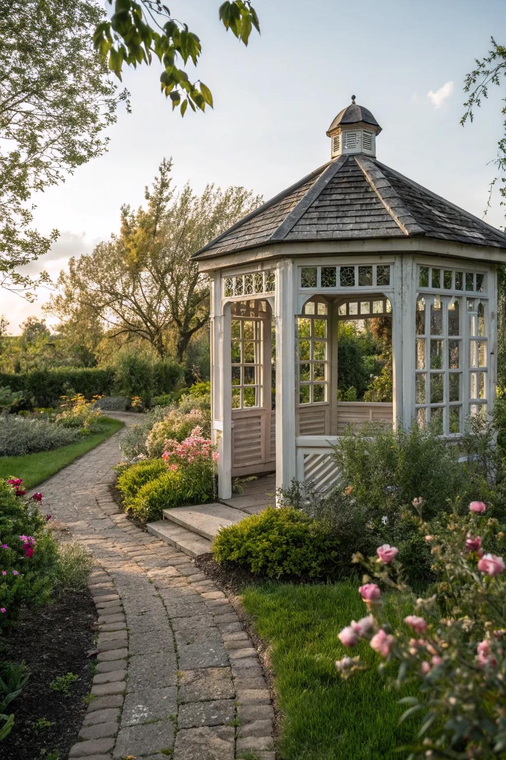 Old window shutters add rustic charm to your gazebo roof.