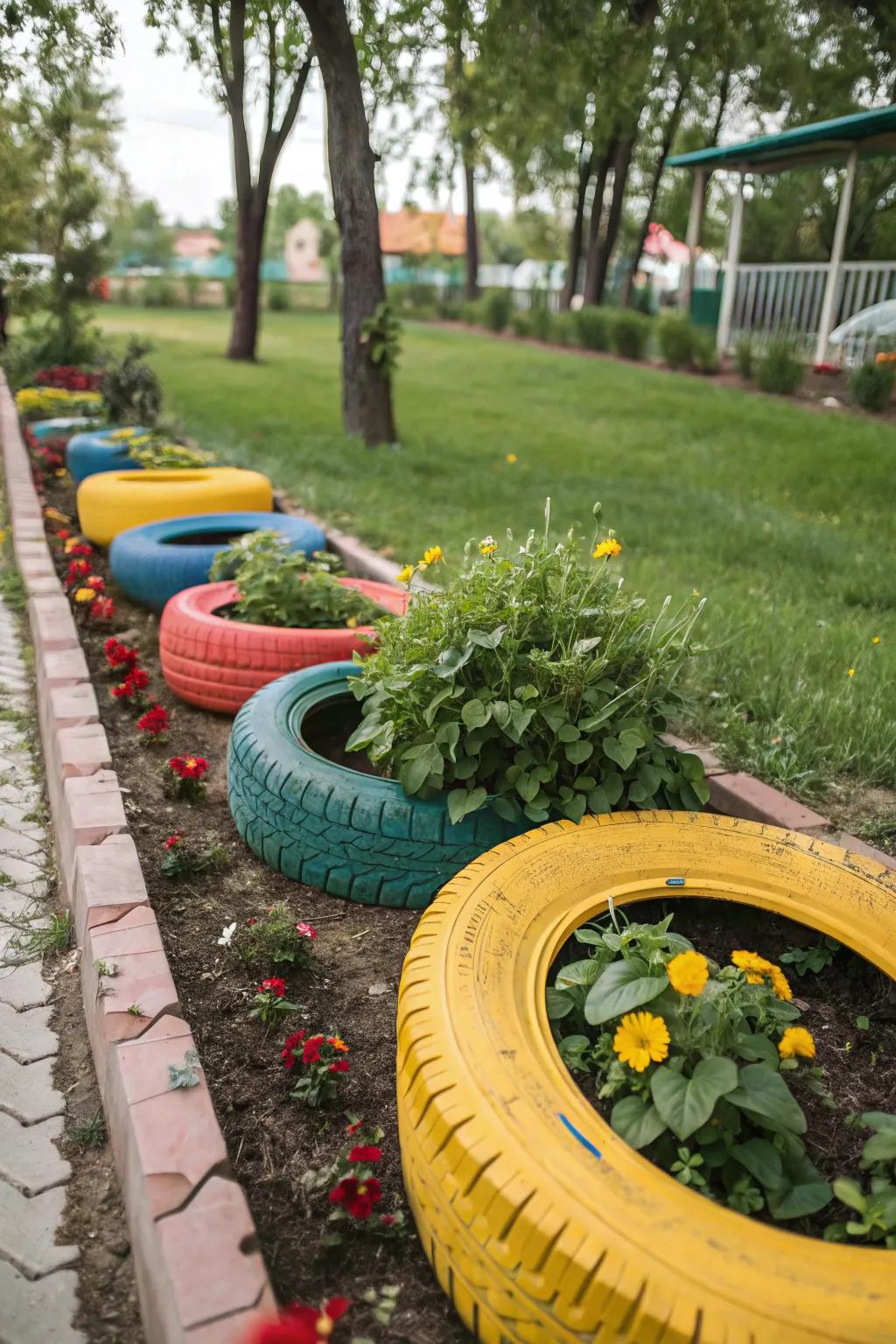 Repurposed tires add a splash of color and creativity to garden edges.