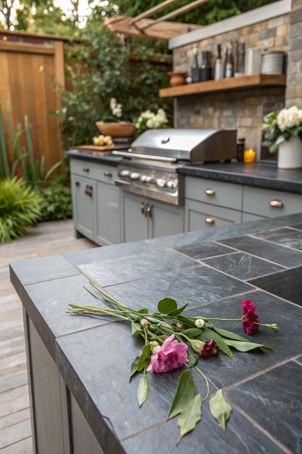 Slate tile countertops offer elegance and heat resistance for outdoor settings.