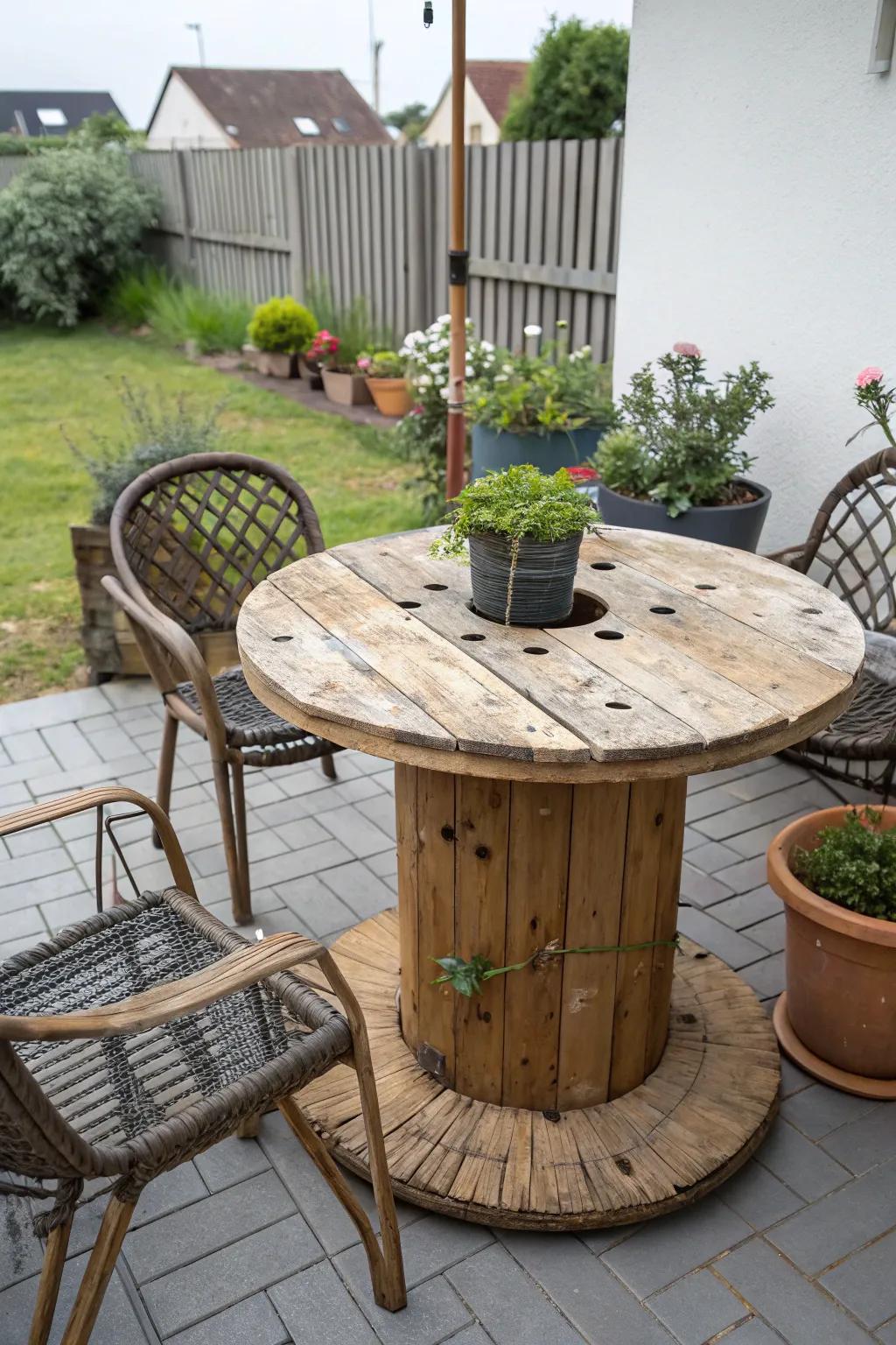 Create a rustic feel with a wooden spool table.
