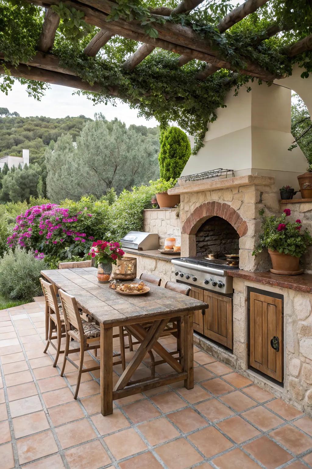 Terra cotta tile countertops add warmth and Mediterranean charm.