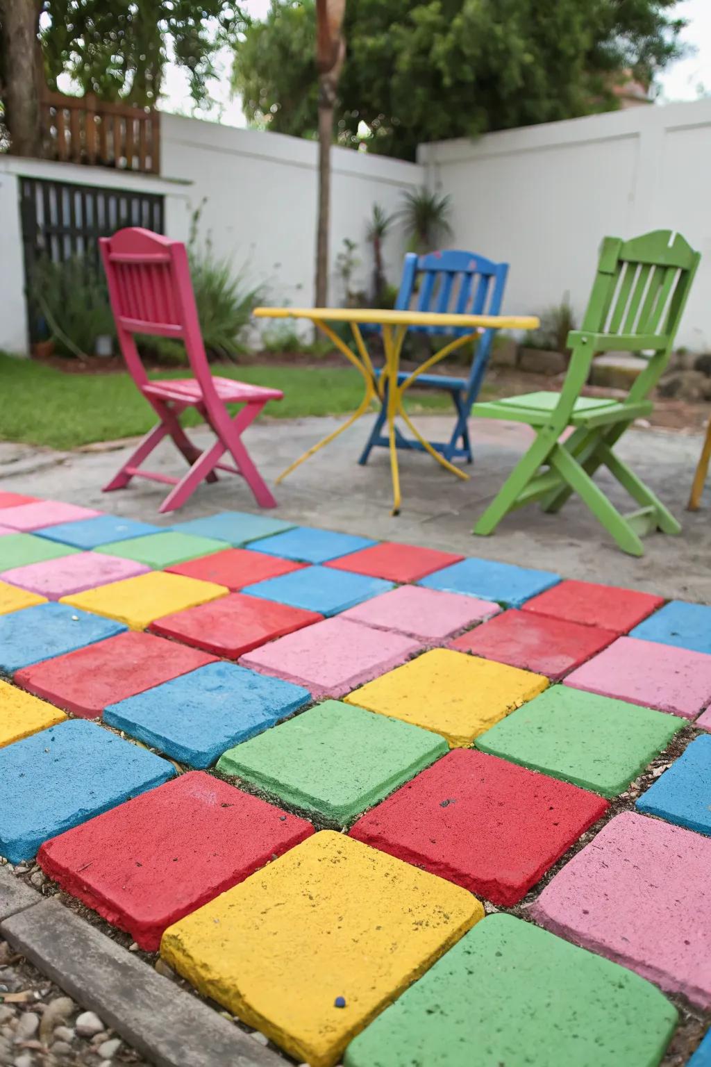 Brightly painted concrete blocks add a splash of color to any patio.