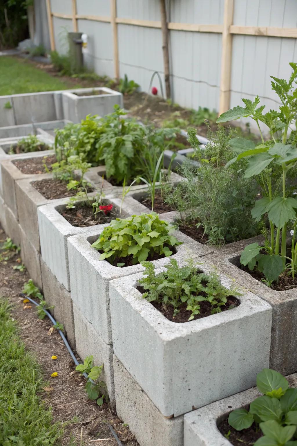 Concrete blocks provide a durable and versatile raised bed structure.