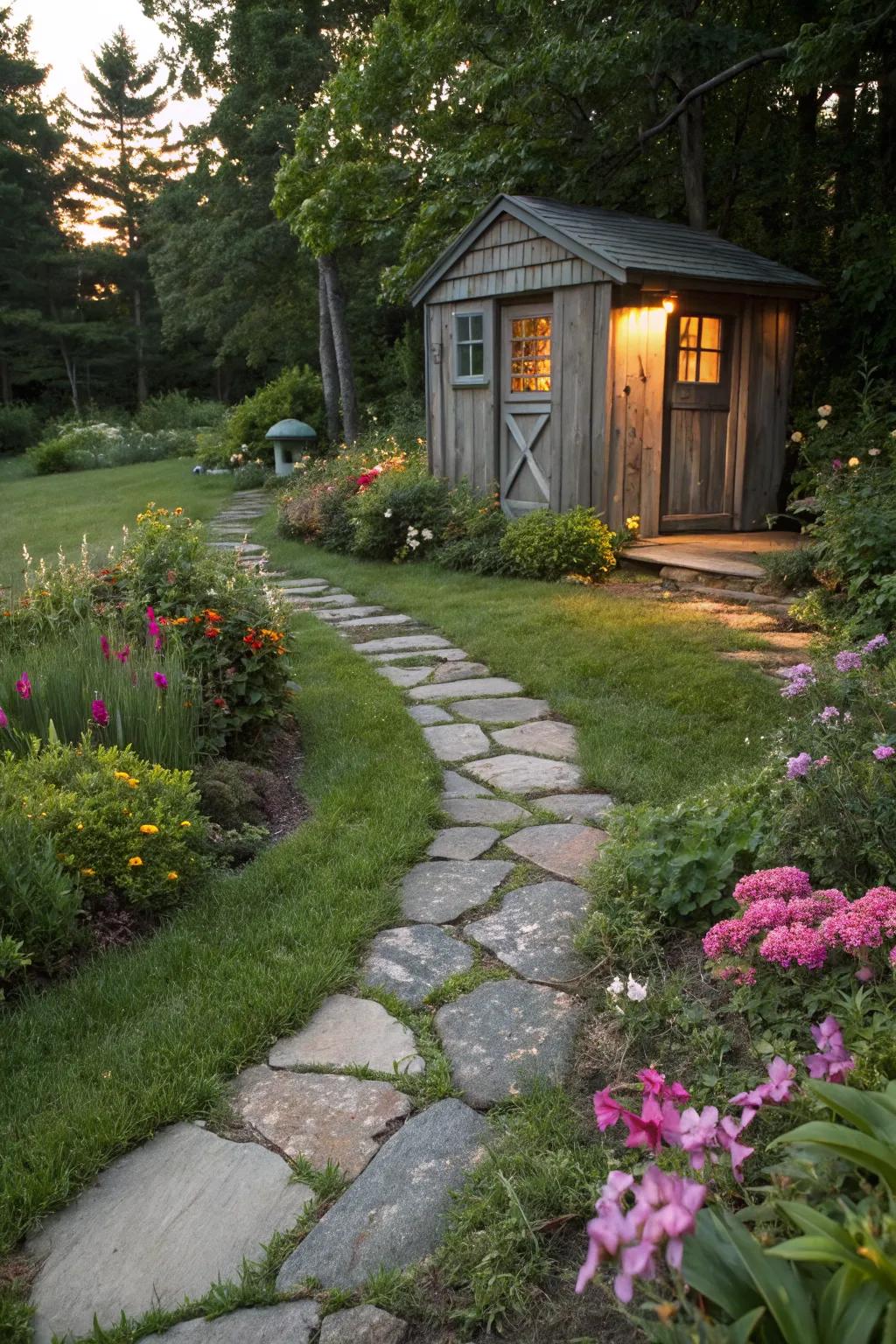 A stone pathway adds a touch of elegance leading to a shed.