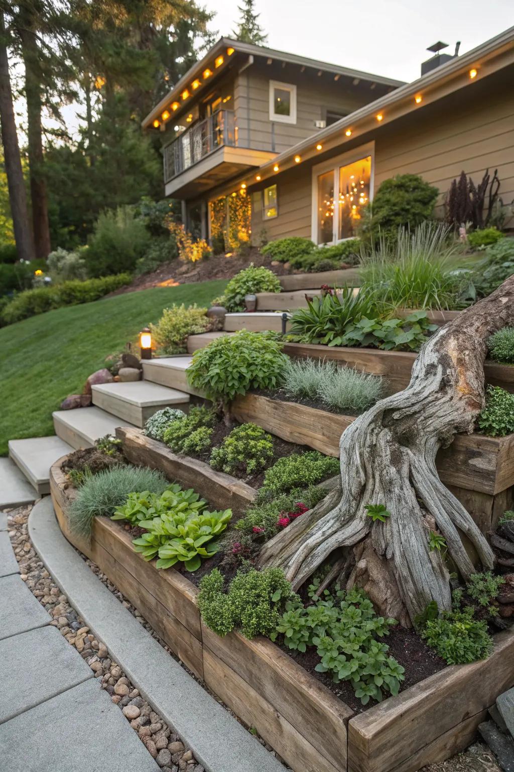 Driftwood adds a natural artistic touch to your garden tiers.
