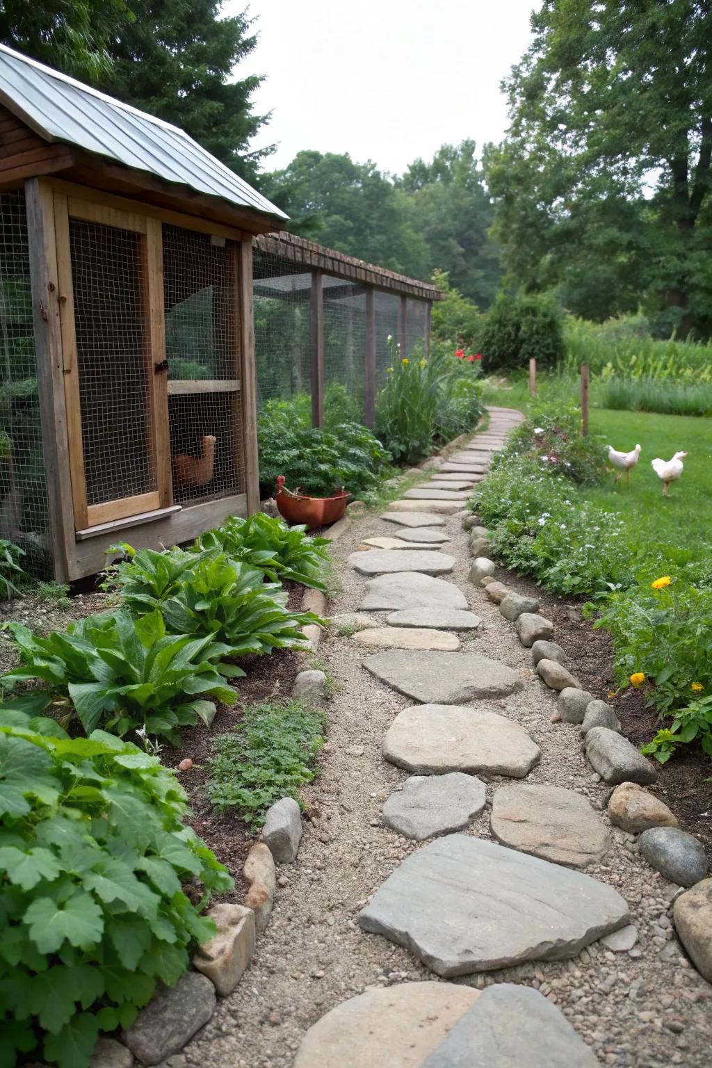 Charming pathways enhance the visual appeal of your coop area.