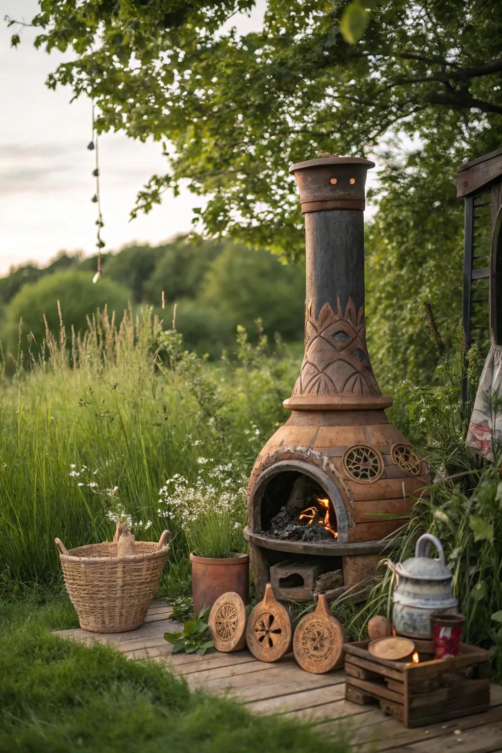 Achieve harmony with natural material decor around your chiminea.