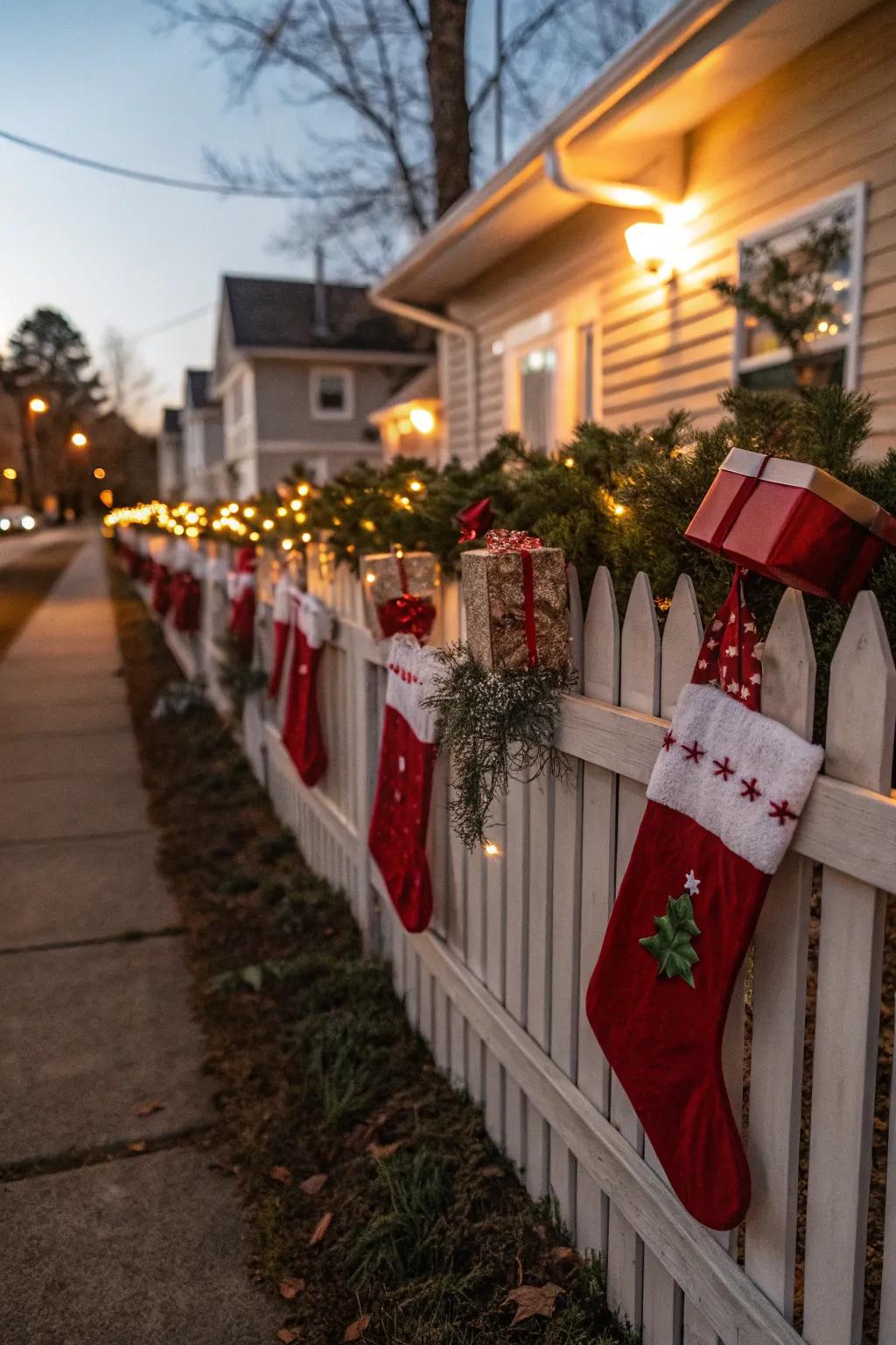 Christmas stockings add a cozy and inviting touch to the fence.
