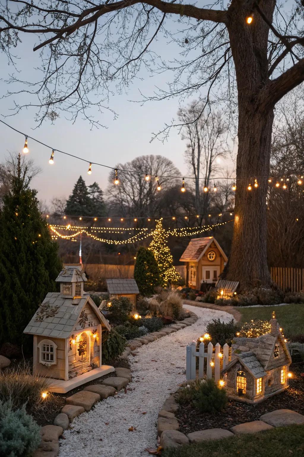 A charming miniature Christmas village, adding a storybook feel to the garden.