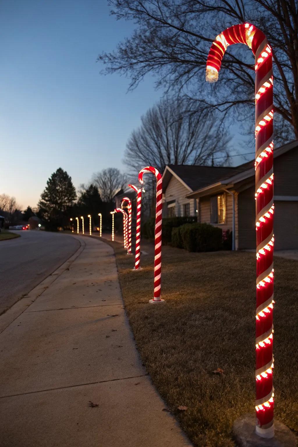 Candy cane light poles adding a festive touch.