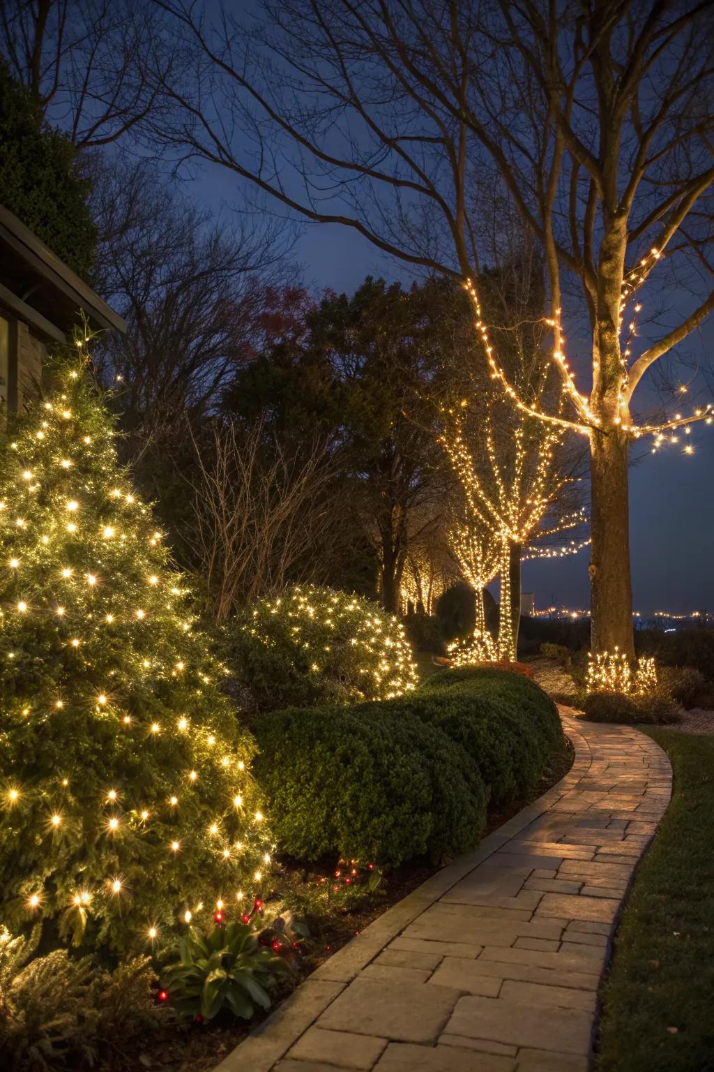 Nature's embrace with lights enhancing the garden's winter beauty.