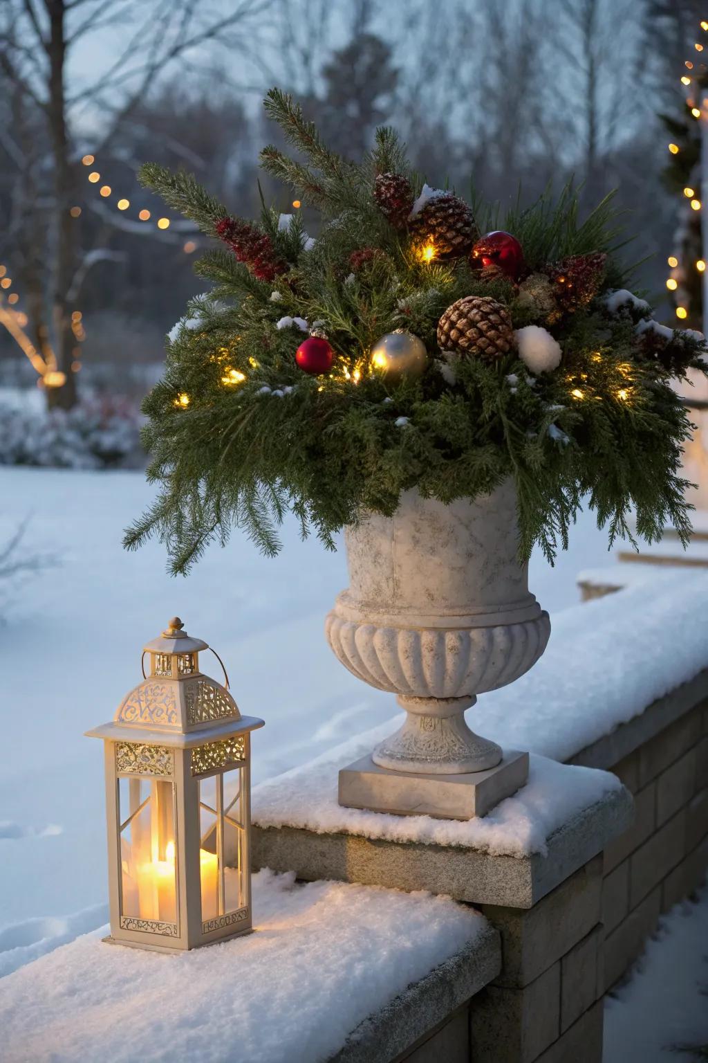 A lantern adds a cozy, glowing touch.