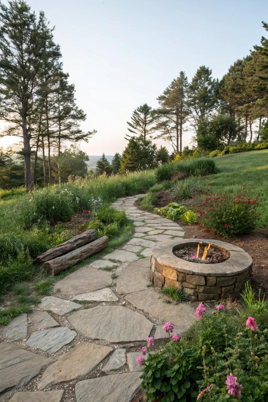A natural stone pathway invites exploration and leads to the fire pit.