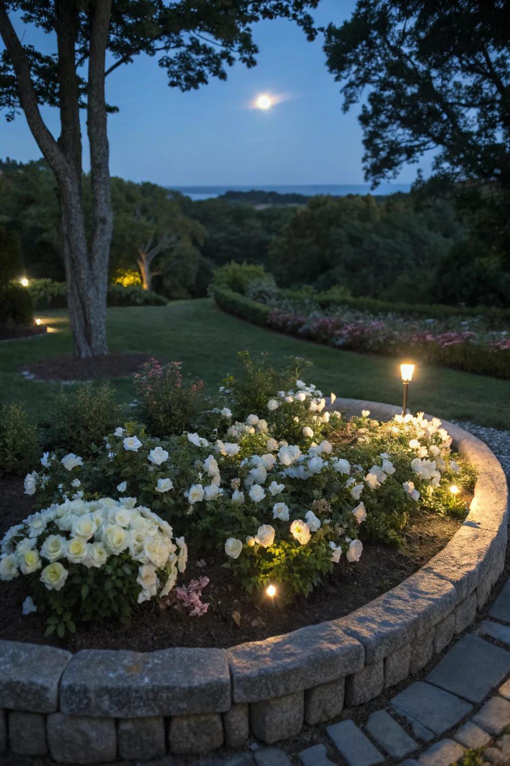 A serene moonlight garden in a circular flower bed.