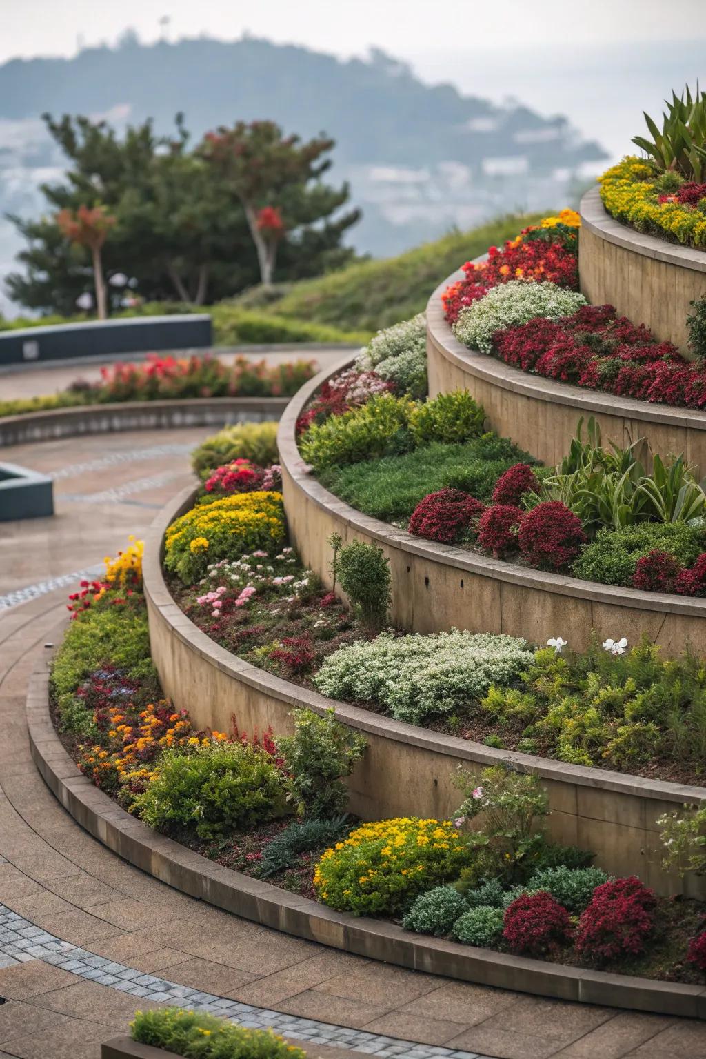 Tiered arrangements create depth and dimension in a circular garden.