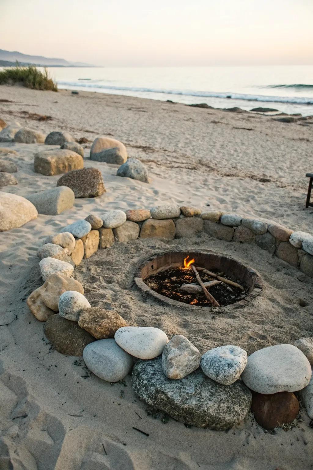 Sand and stone create a beachy vibe perfect for relaxing by the fire.