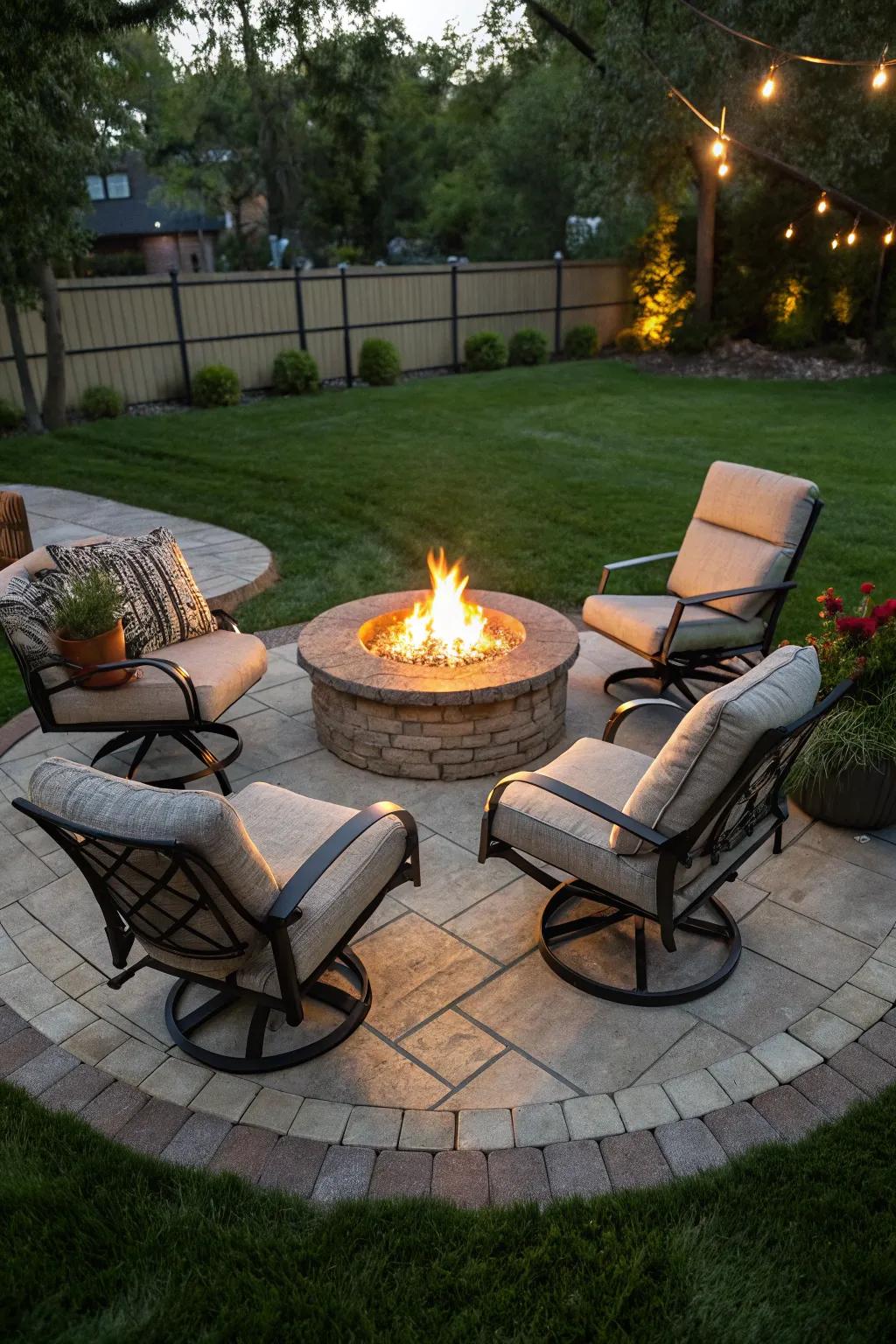 Swivel chairs add a modern and playful element to fire pit seating.