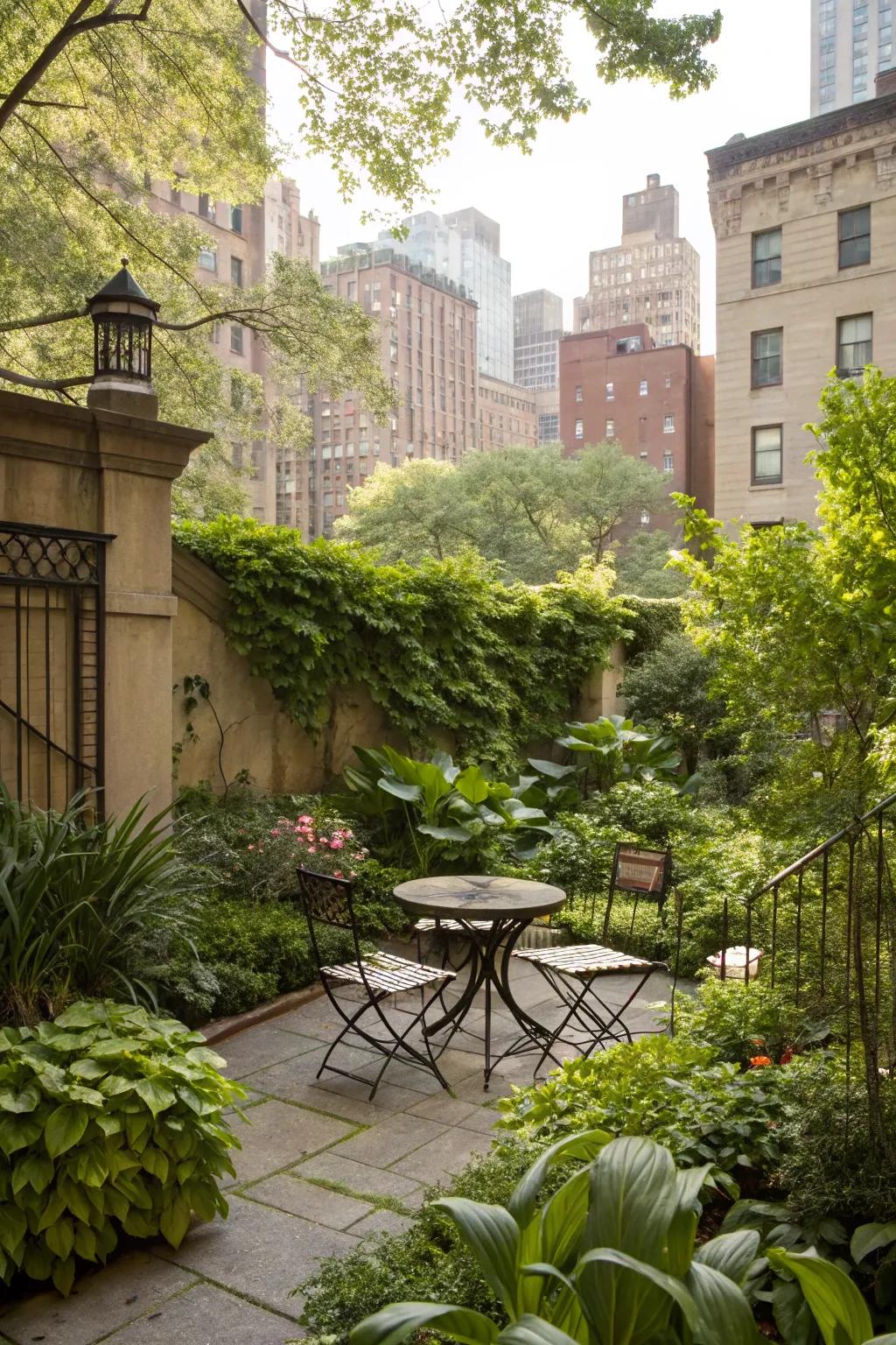 A cozy seating nook nestled in a city front yard.