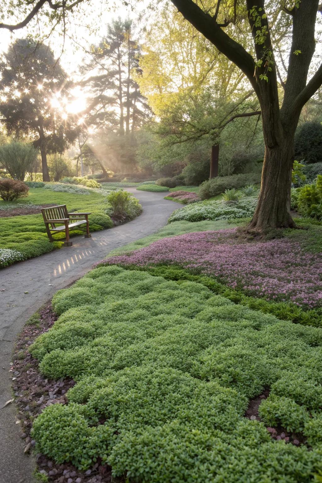 Ground cover plants creating a lush, weed-suppressing carpet in the garden.