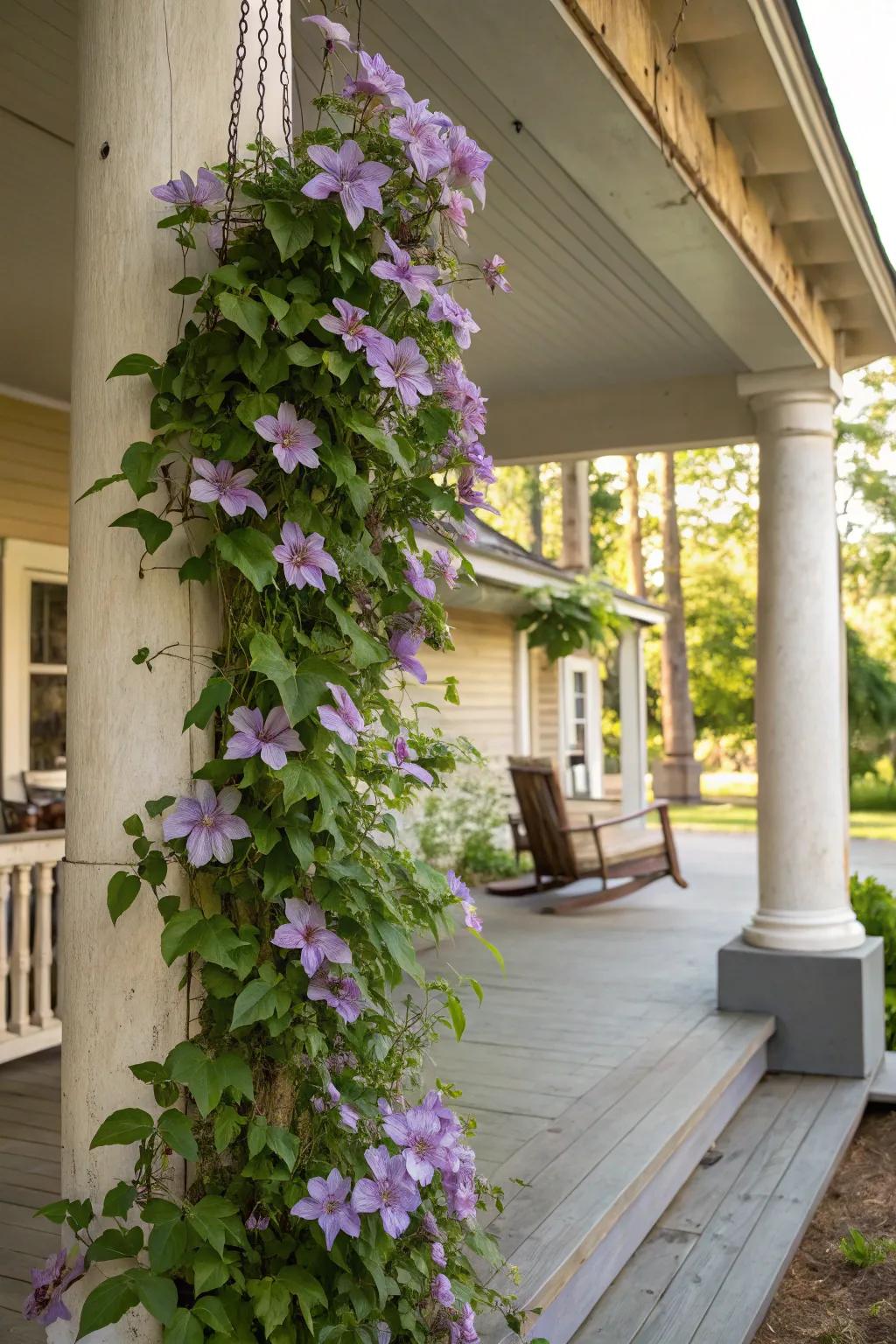 Clematis making a grand entrance by engulfing front pillars.