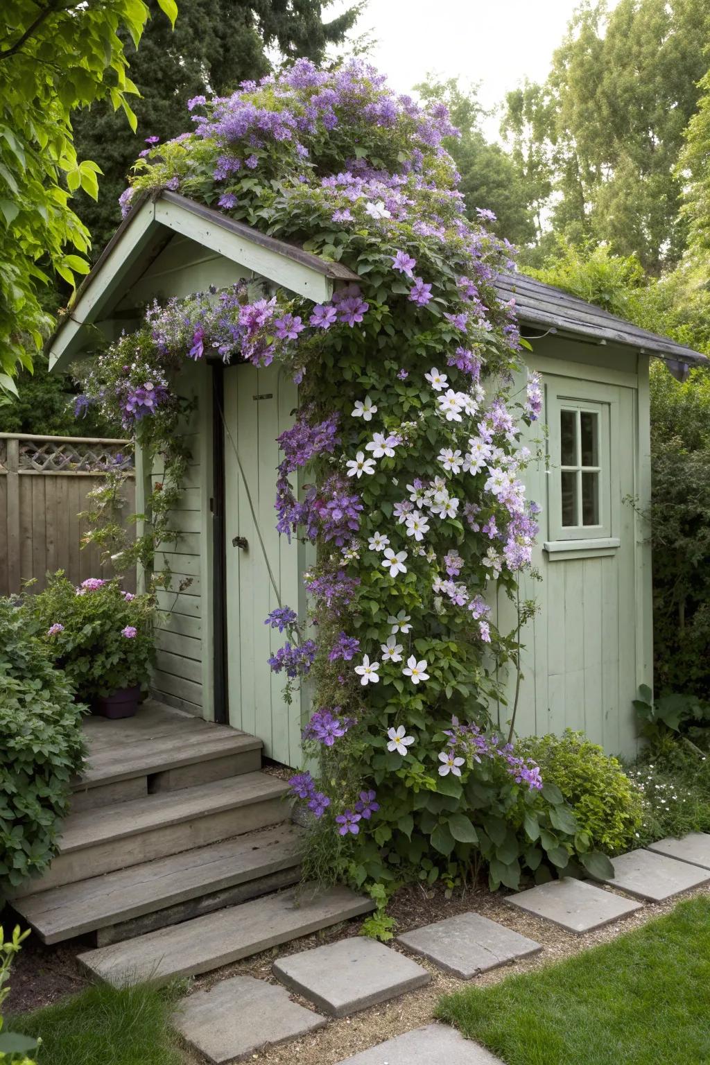 A garden shed beautifully adorned with climbing clematis.