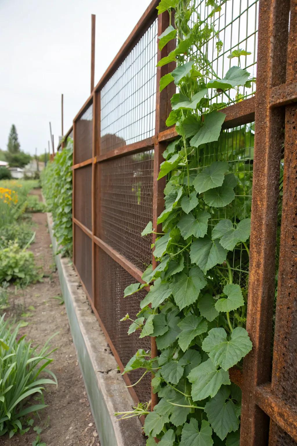 Sustainable metal mesh panels used for cucumber trellising.