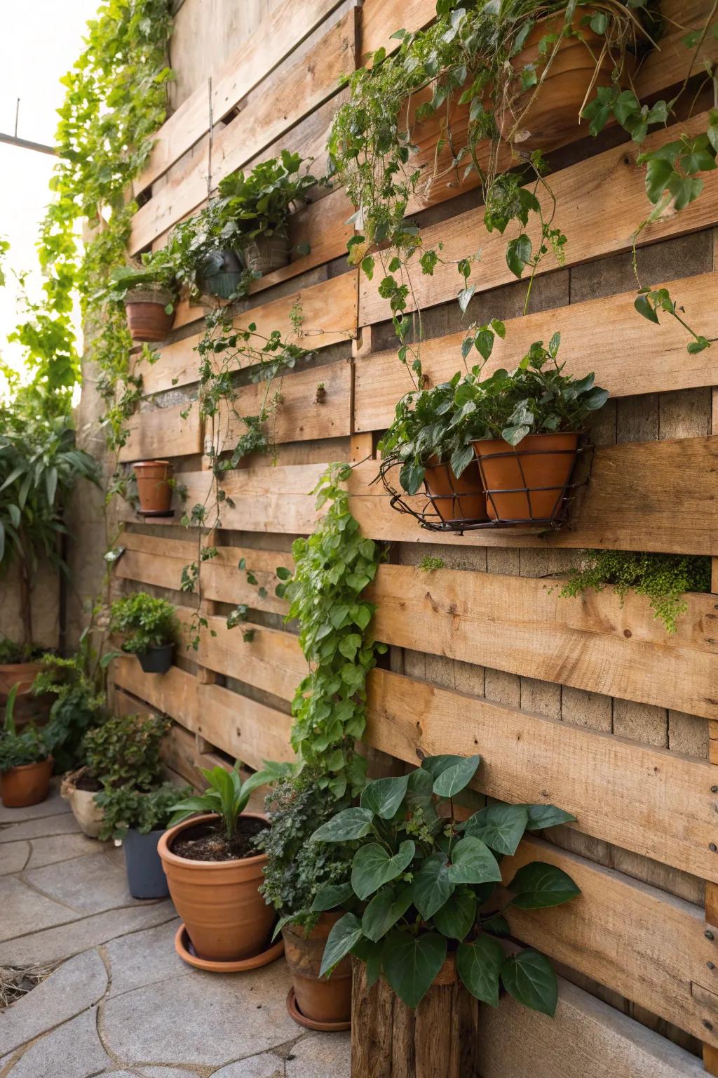 A rustic pallet wall brimming with greenery