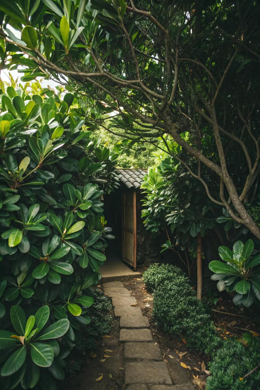 Clusia plants create a secluded, secret garden nook.