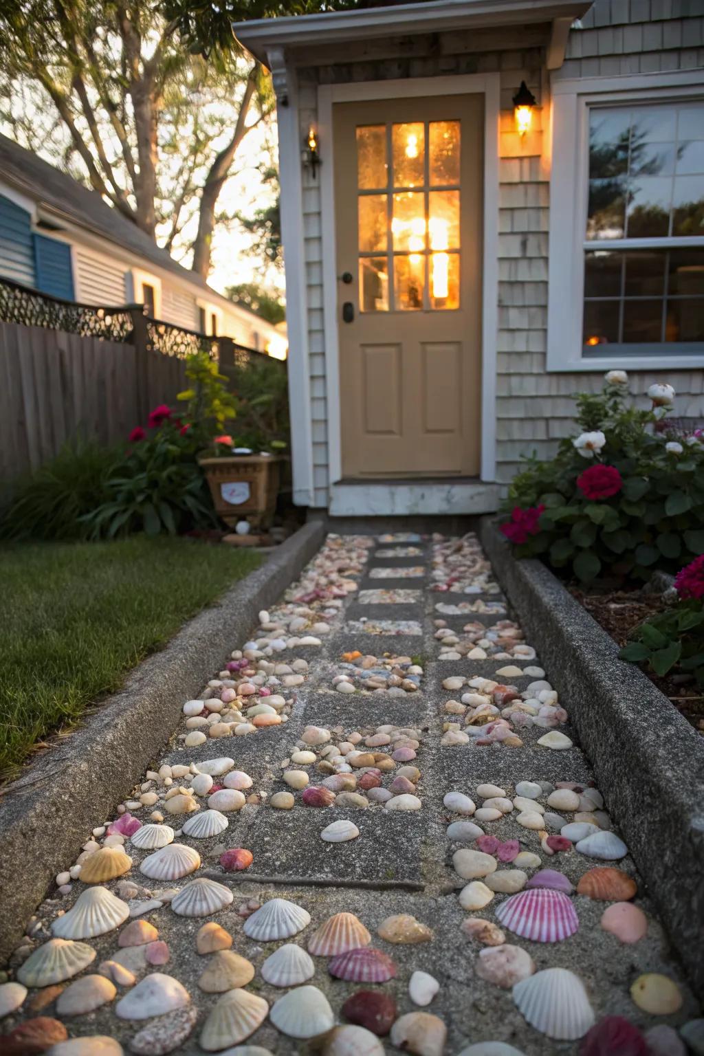 Seashells lining the pathway add a personal coastal touch.