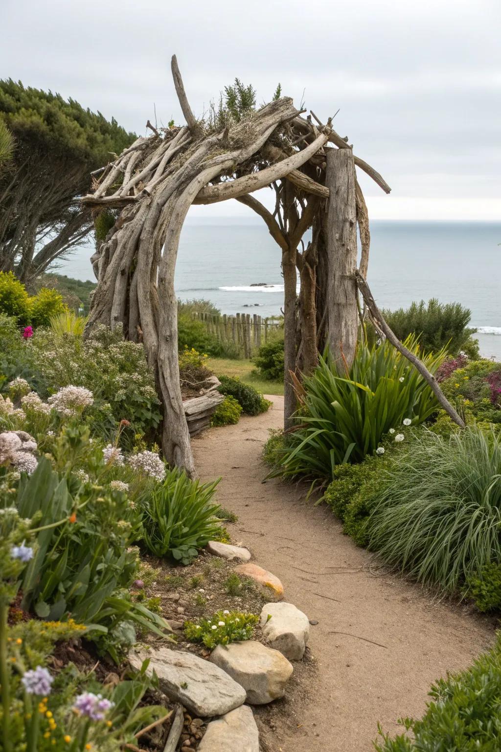 Driftwood adds rustic charm to your coastal garden.