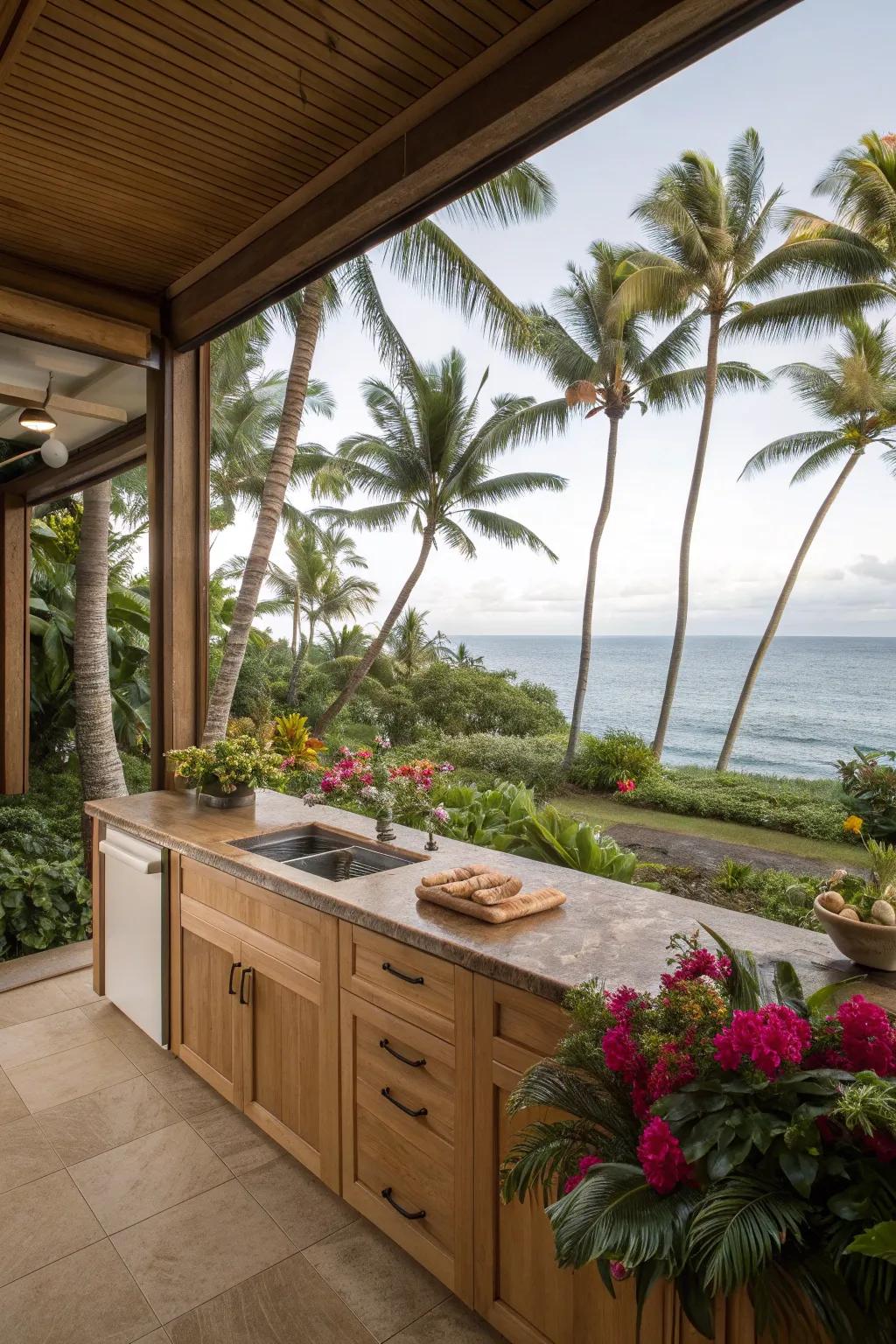 Lush kitchen environment with tropical greenery.
