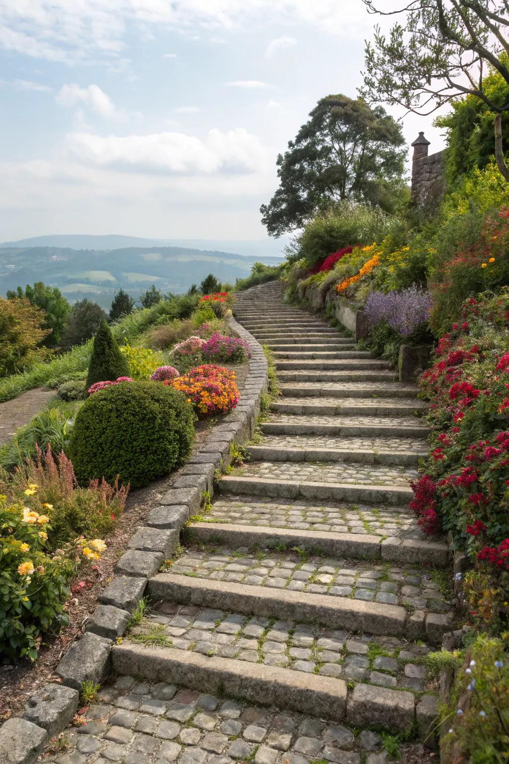 Enchanting cobblestone steps in the garden.