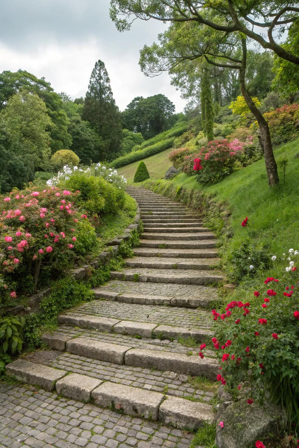 Rugged cobblestone steps blending seamlessly into the garden slope.