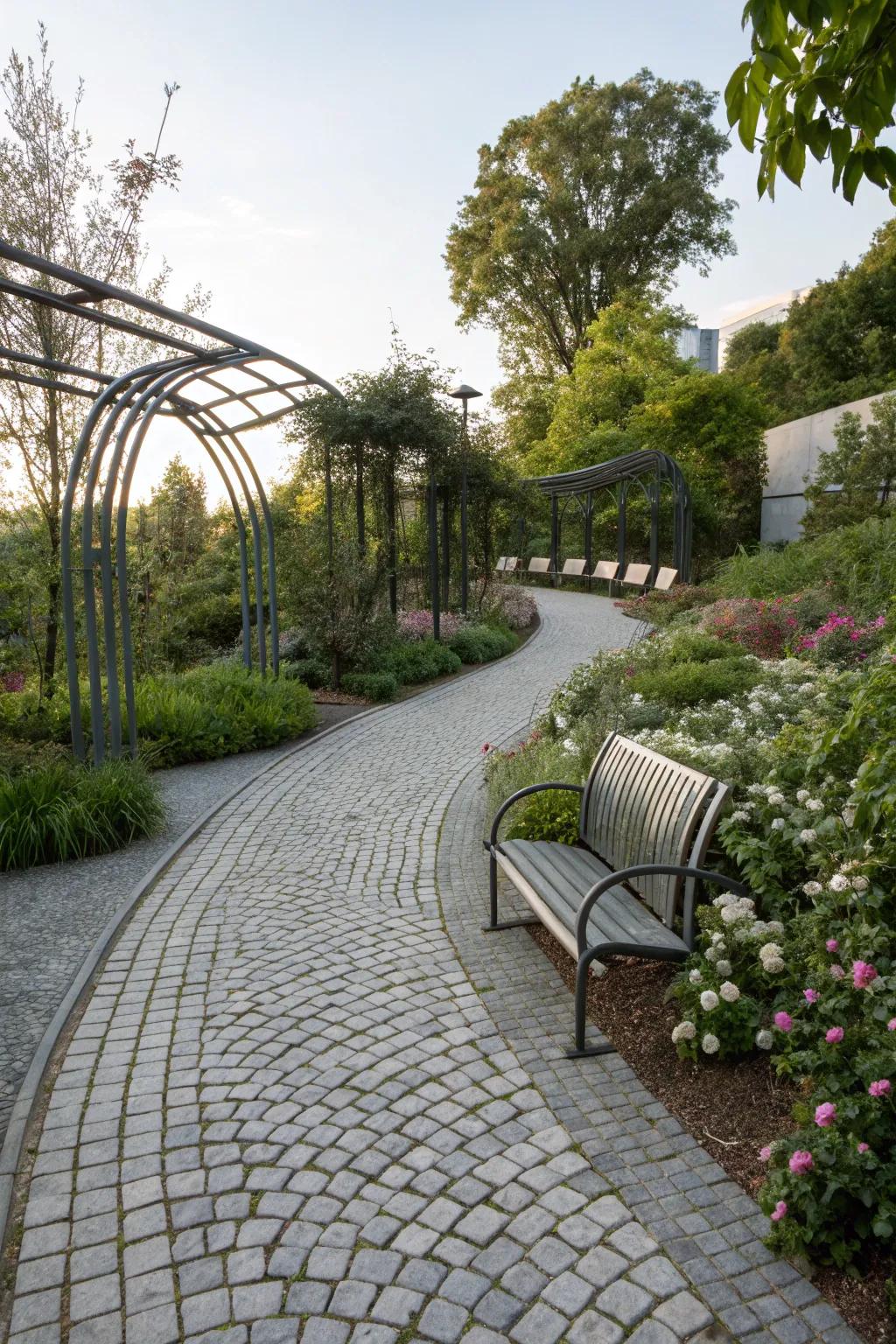 A rustic cobblestone path blended with modern design elements.