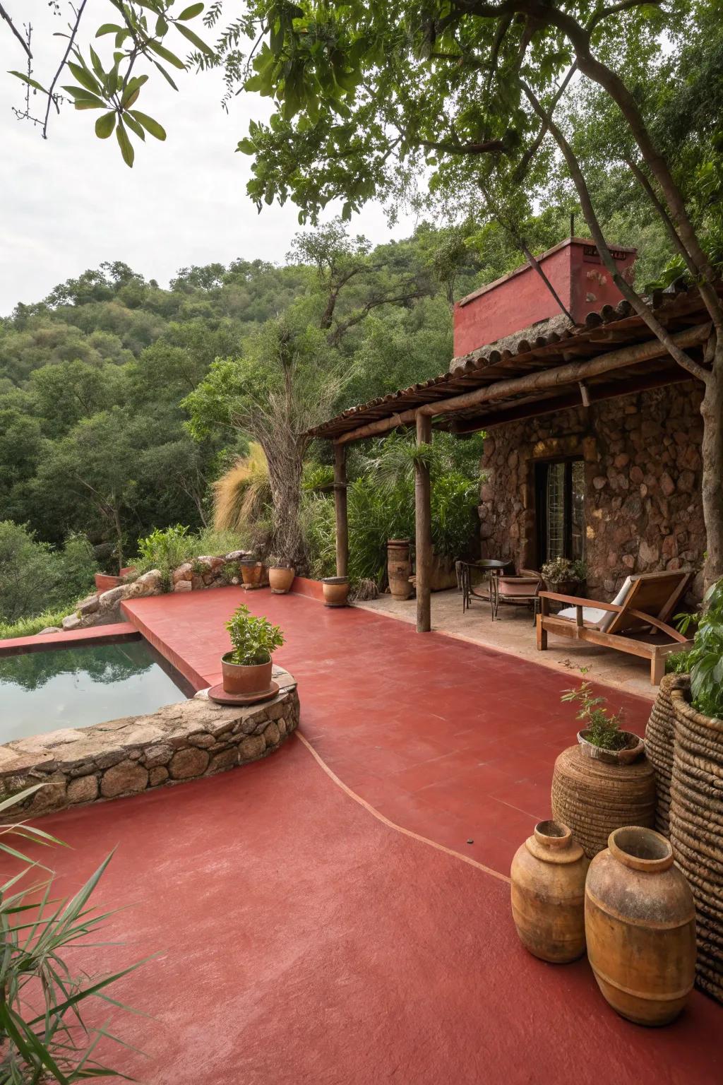 Red-hued concrete adds a rustic touch to pool decks.