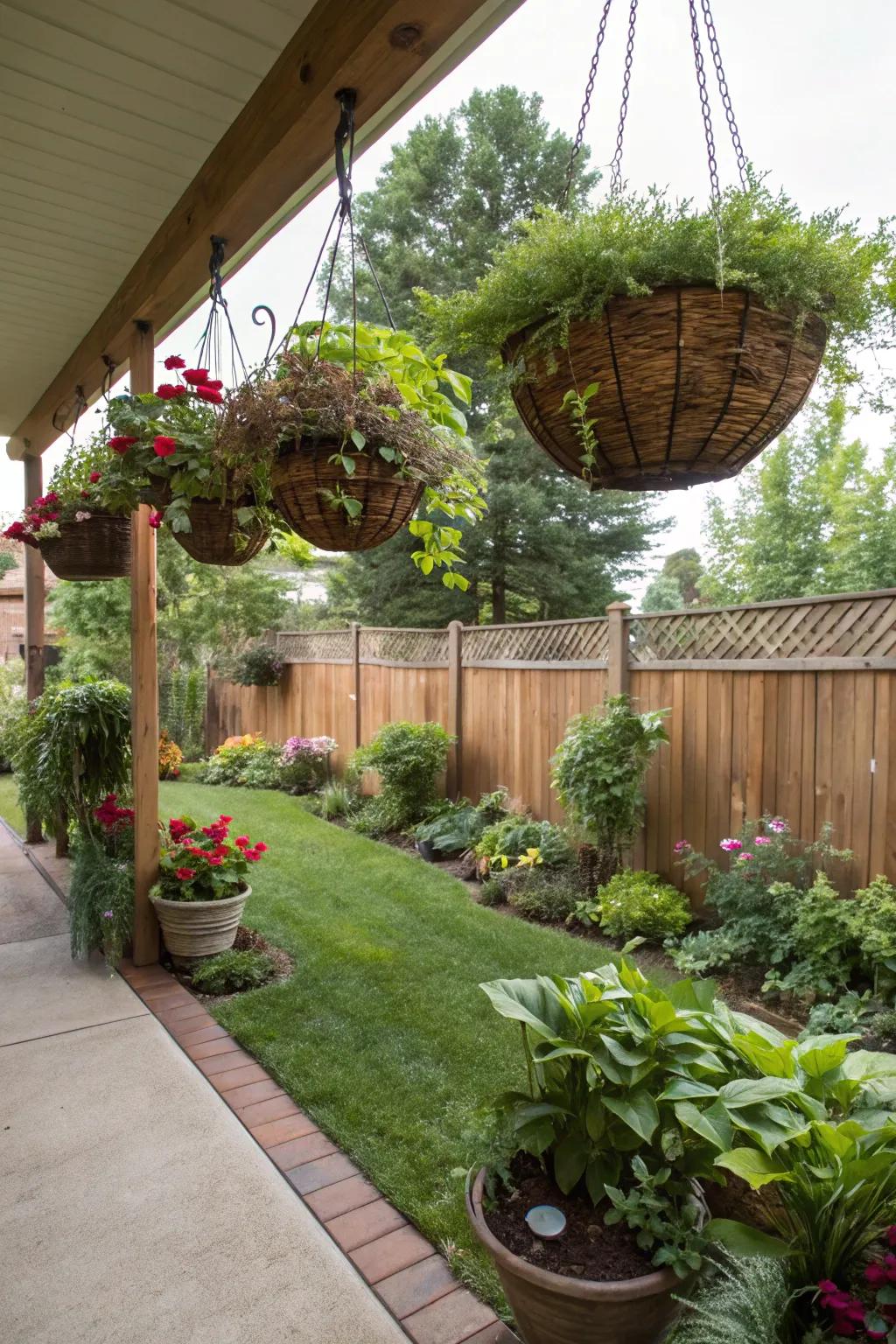 Hanging plant displays add vertical interest.