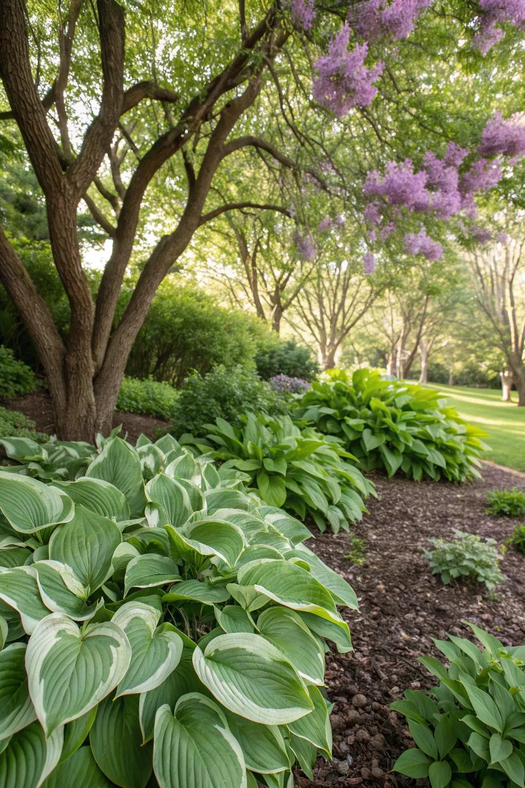Hostas offer lush foliage under lilac trees.