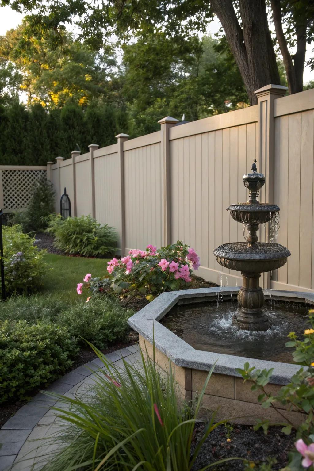 A water feature integrated into the composite fence adds tranquility.
